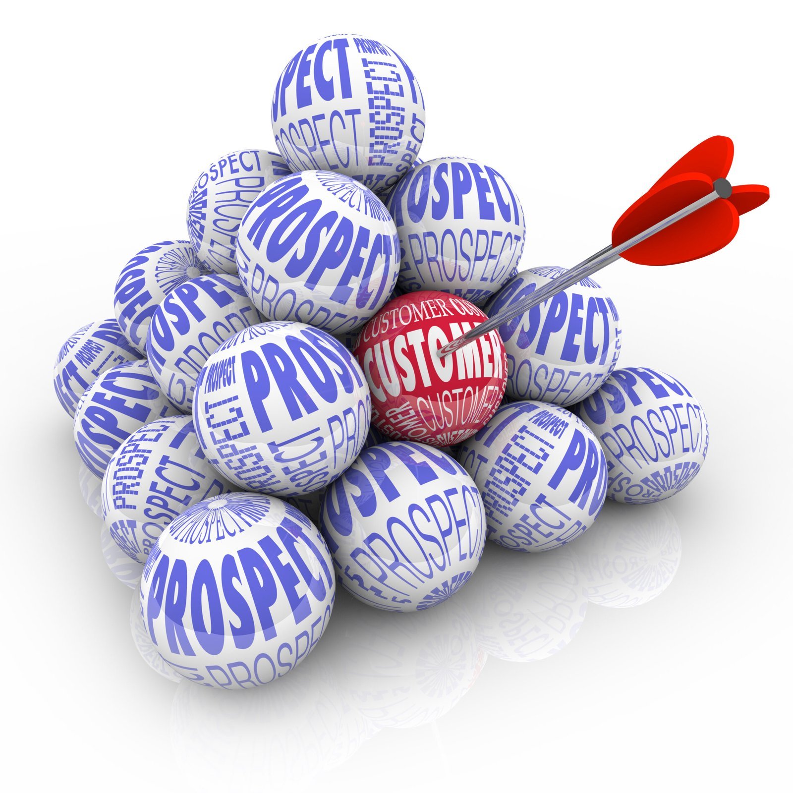 Een rode dartpijl raakt een rode bal met het label "KLANT" tussen vele witte ballen met het label "PROSPECT" en "RESPECT".